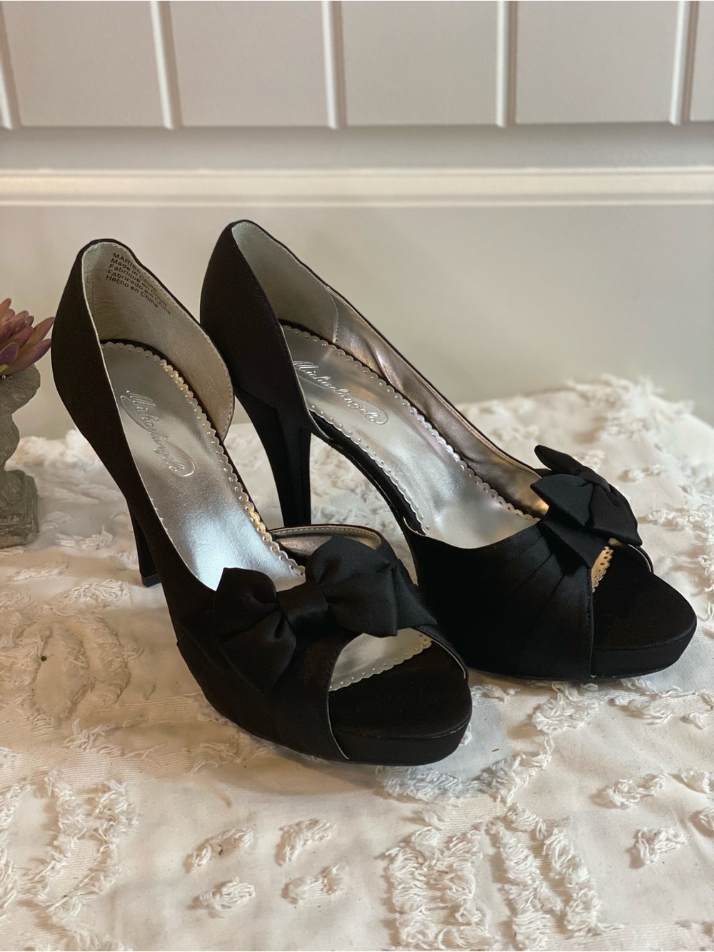 New! Black Satin Peep-Toe High Heels with Bow Accent